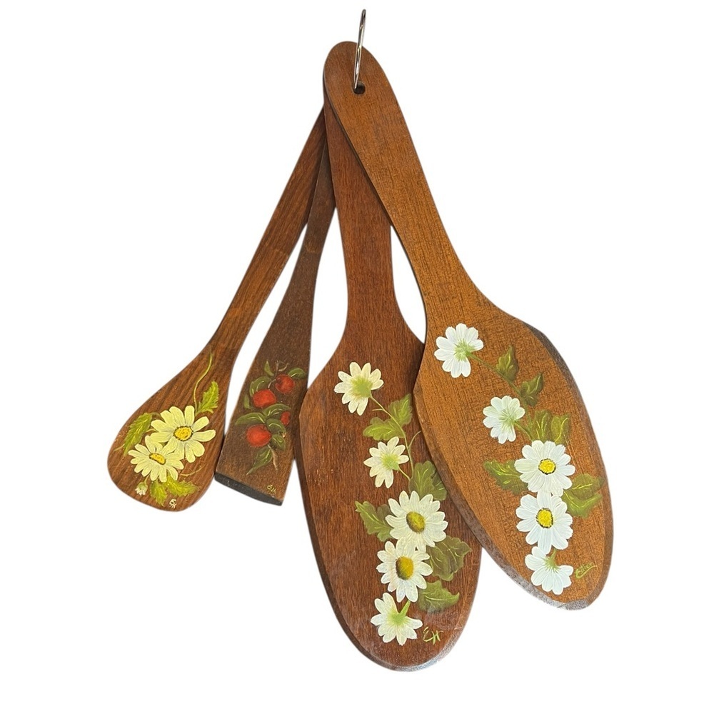 Vintage Wood Kitchen Utensils Handpainted Cottagecore Decor Folk Art 70s